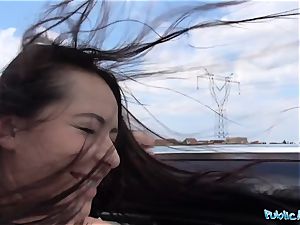 PublicAgent super-steamy ebony haired Russian fucked on a car